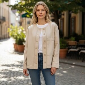 Wrap London Jacket Women 10 Beige Button Front Collarless Twill Utility Pocket